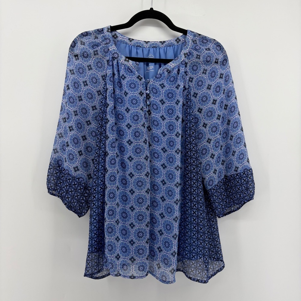 St John's Bay Petite PXL Blue Floral Print 3/4 Sleeve Blouse Women